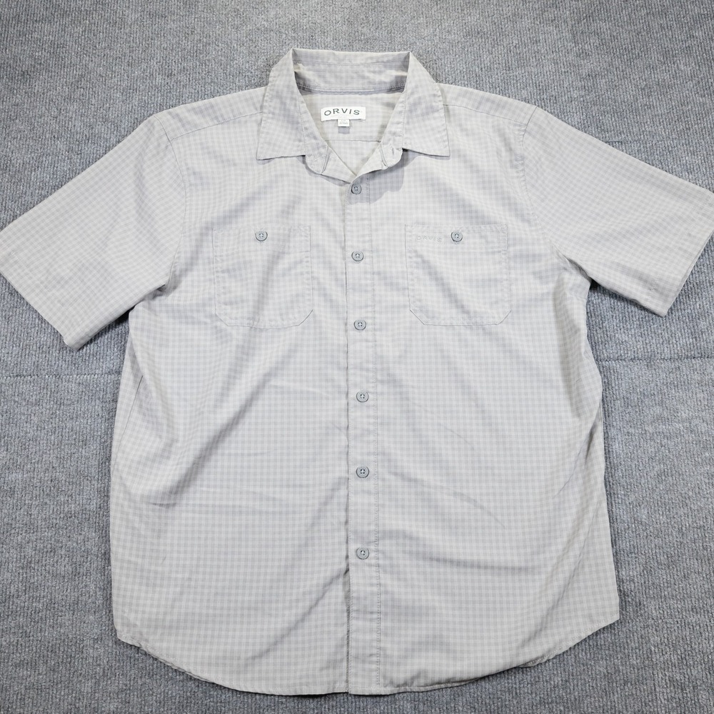 Orvis Short‎ Sleeve Shirt Men L Gingham Gray Button Up Outdoor Utility Gorpcore